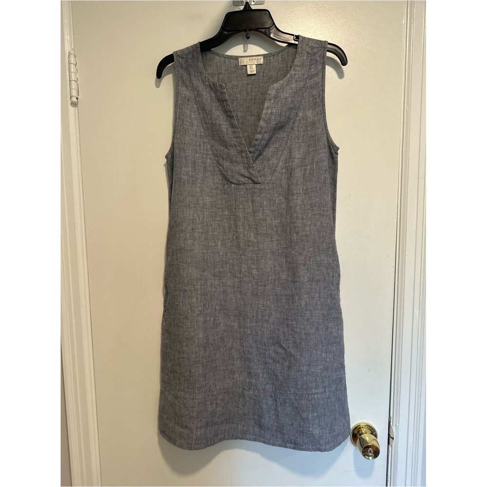 Kenar Coastal Boho Linen Sleeveless Shift Dress Sz:4 Blue Summer Beach Woven